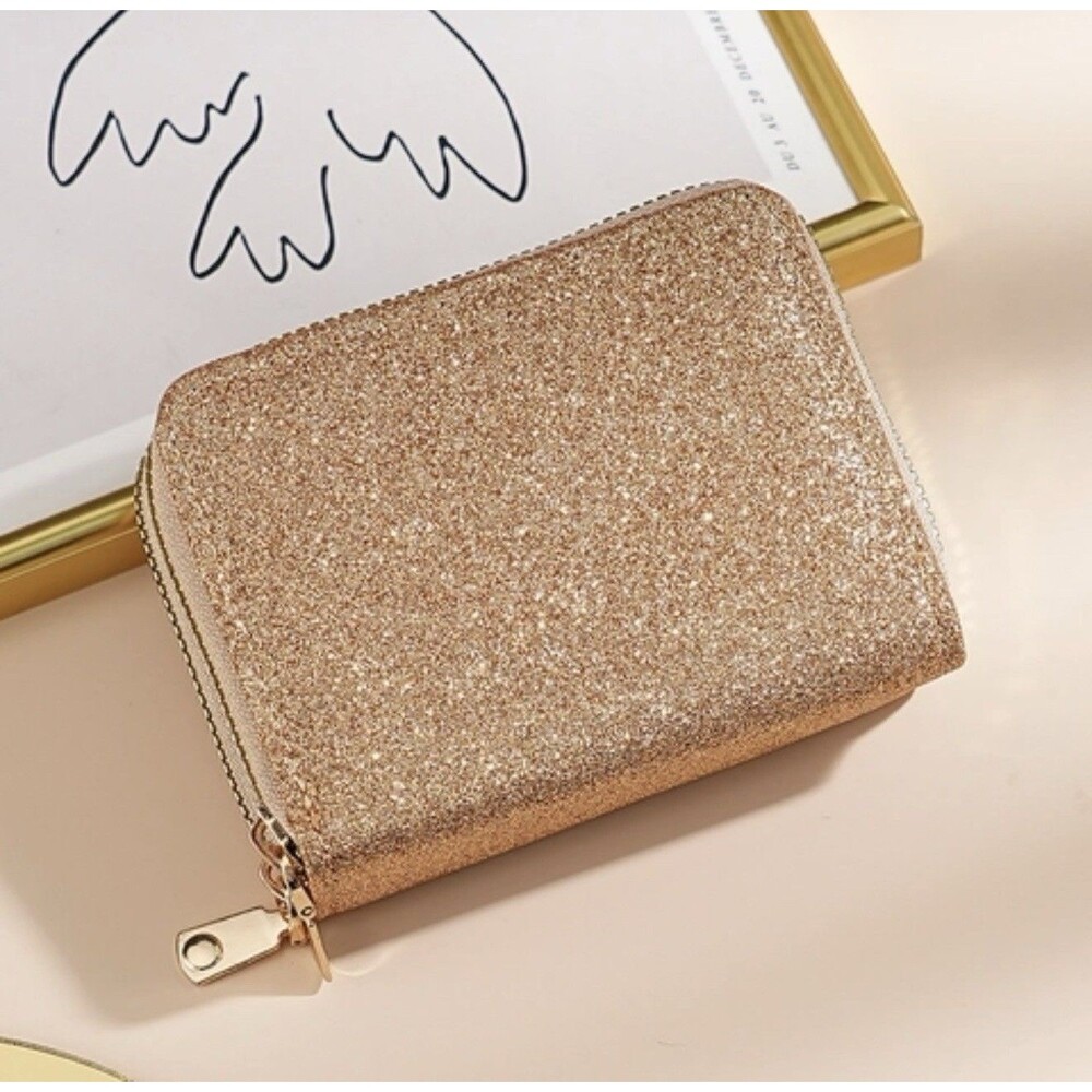 Womens Gold Glitter Wallet Double‎ Zipper Accordion Card Holder Coin Purse